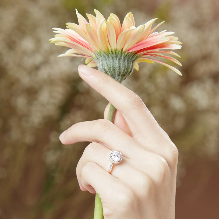 100 Cuts: Silver rhodium plated 7.5 mm 100 facets CZ shoulder set simple halo ring