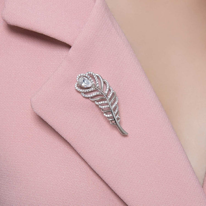 Classic: Silver Rhodium CZ Feather Brooch