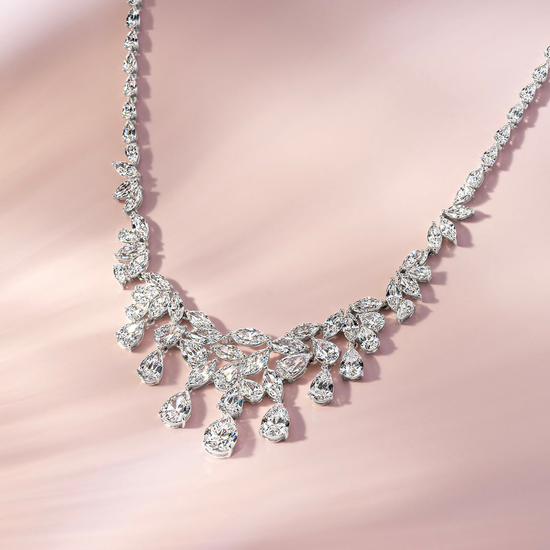 Laureate: Silver rhodium plated multi-shaped CZ, 16" necklace victorian style