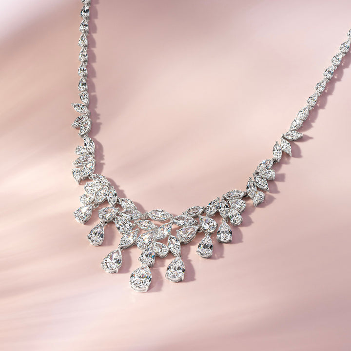 Laureate: Silver rhodium plated multi-shaped CZ, 16" necklace victorian style