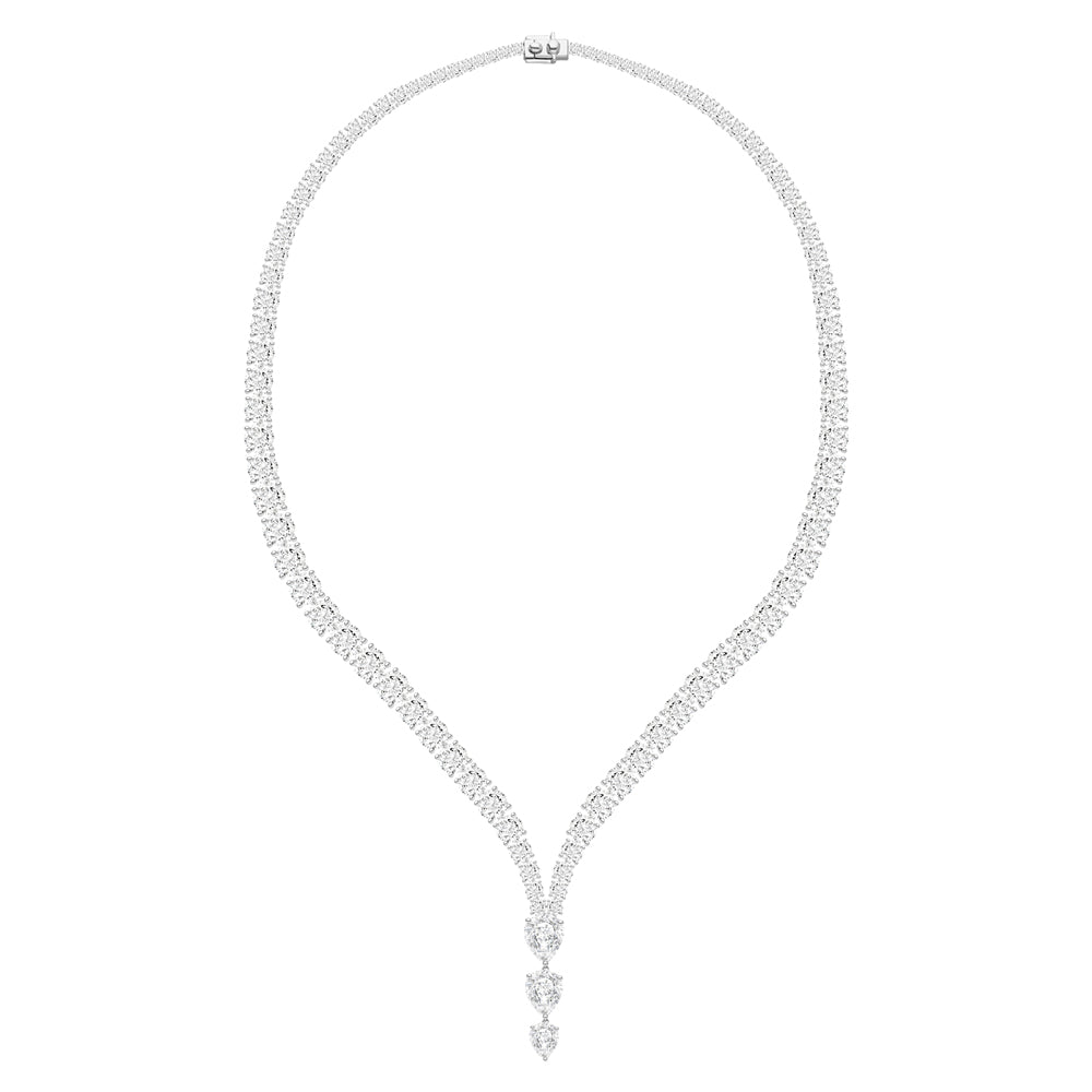 100 Cuts: Silver rhodium plated pear cut CZ with 16" drop tennis necklace