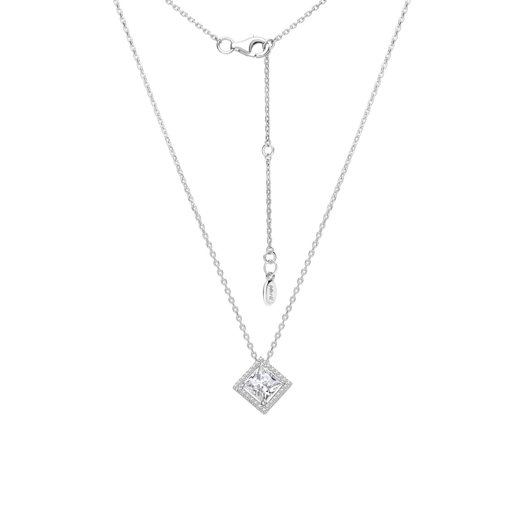 Classic Silver Rhodium Plated Lozenge Design Princess Cut CZ Halo Pendant with 16" Chain Necklace
