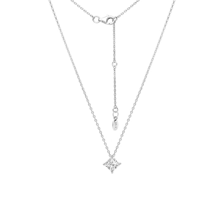 Classic Silver Rhodium Plated Lozenge Design Princess Cut CZ Pendant with 16" Chain Necklace