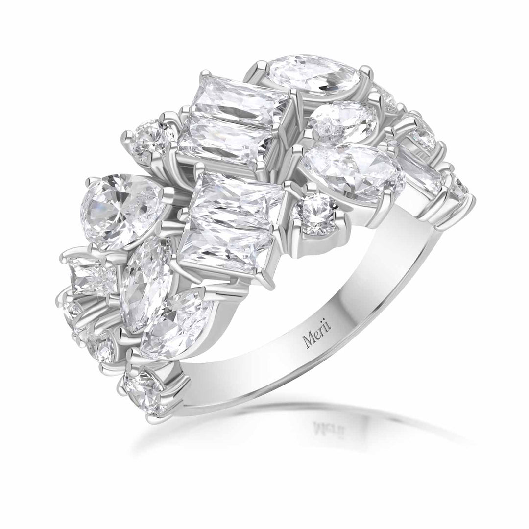Laureate: Silver rhodium plated multi-shaped pear cut CZ eternity band ring