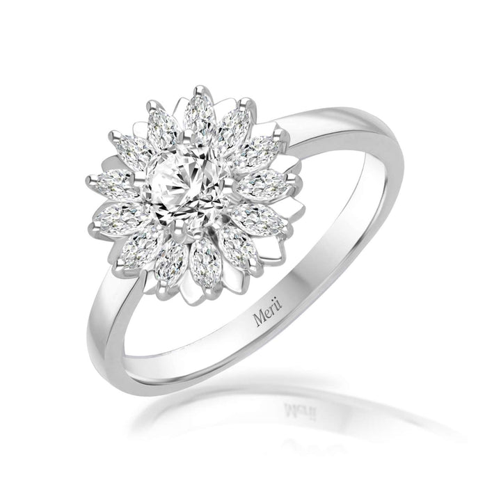 Sunflower: แหวนเงินชุบโรเดียมประดับ CZ หลายขนาด ดีไซน์ดอกทานตะวัน