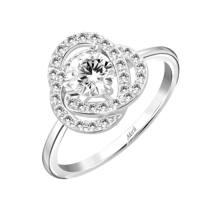 100 Cuts: Silver rhodium plated 5 mm 100 facets CZ crossover halo ring