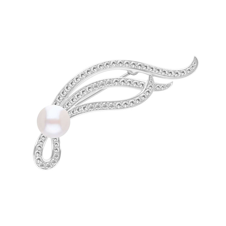 Pearl: Silver Rhodium Abstract Swirl Pearl & CZ Brooch
