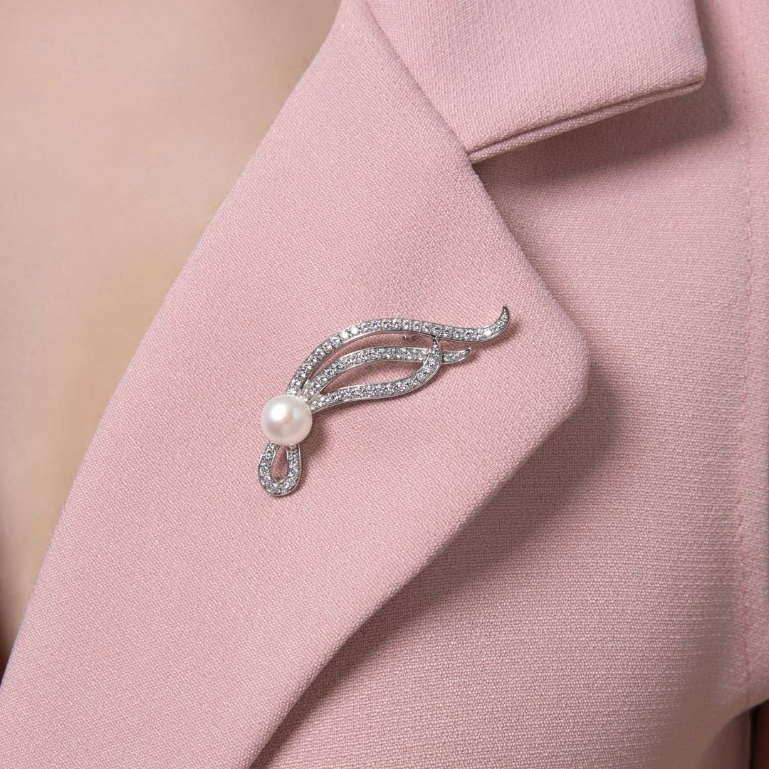 Pearl: Silver Rhodium Abstract Swirl Pearl & CZ Brooch