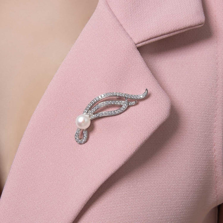 Pearl: Silver Rhodium Abstract Swirl Pearl & CZ Brooch