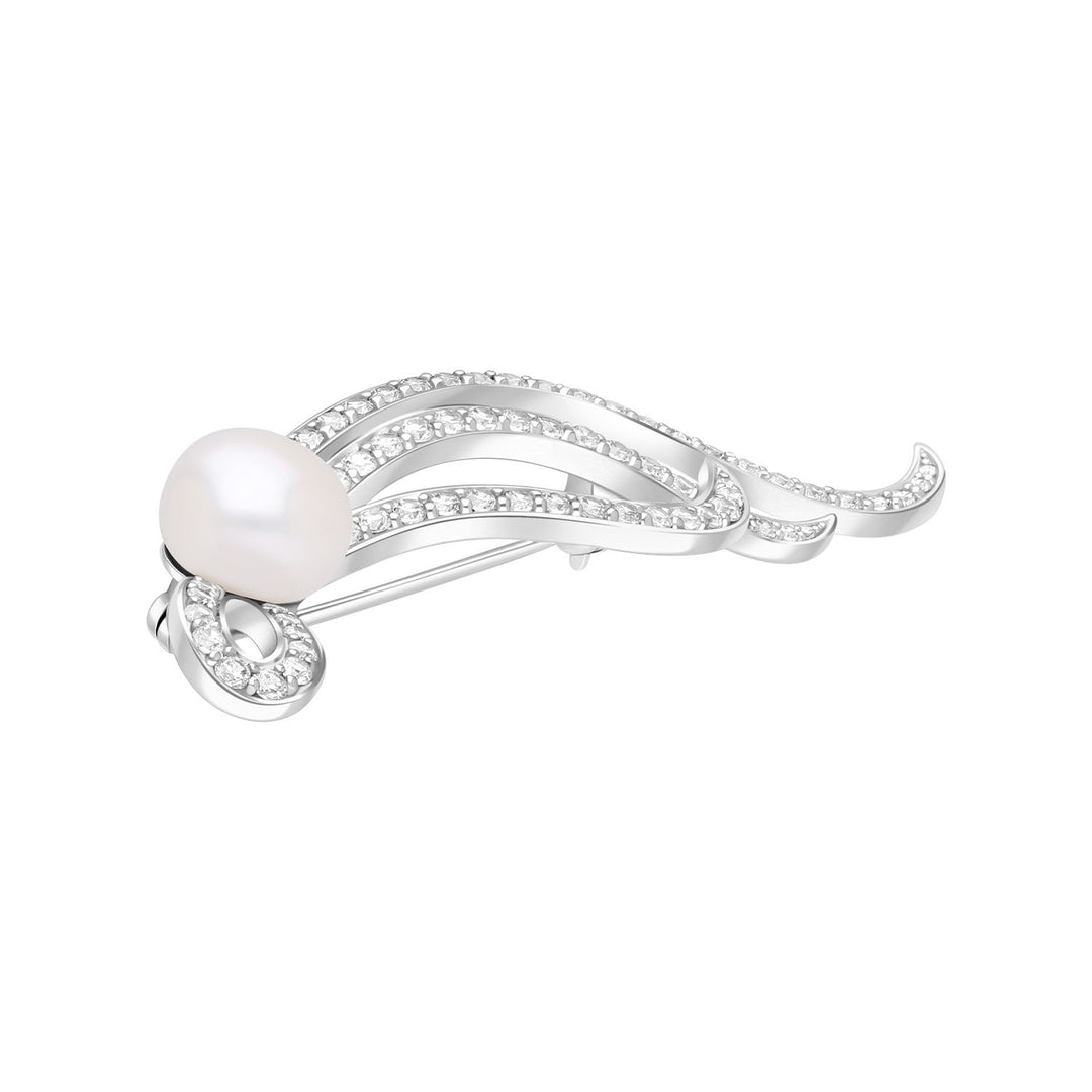 Pearl: Silver Rhodium Abstract Swirl Pearl & CZ Brooch
