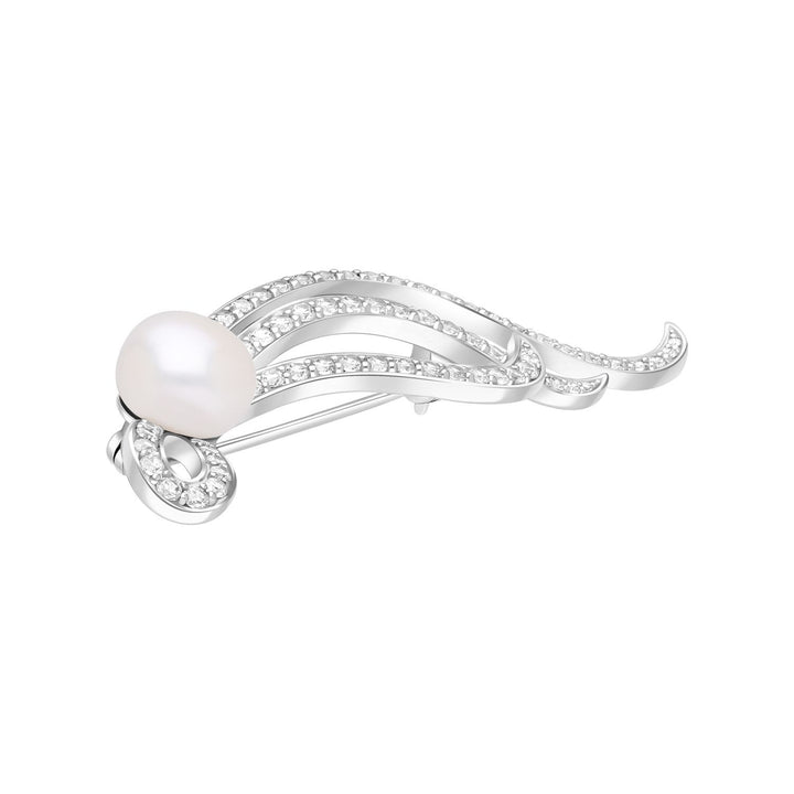 Pearl: Silver Rhodium Abstract Swirl Pearl & CZ Brooch