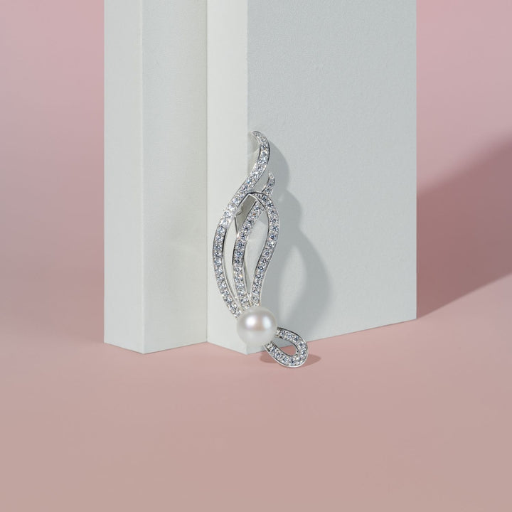Pearl: Silver Rhodium Abstract Swirl Pearl & CZ Brooch