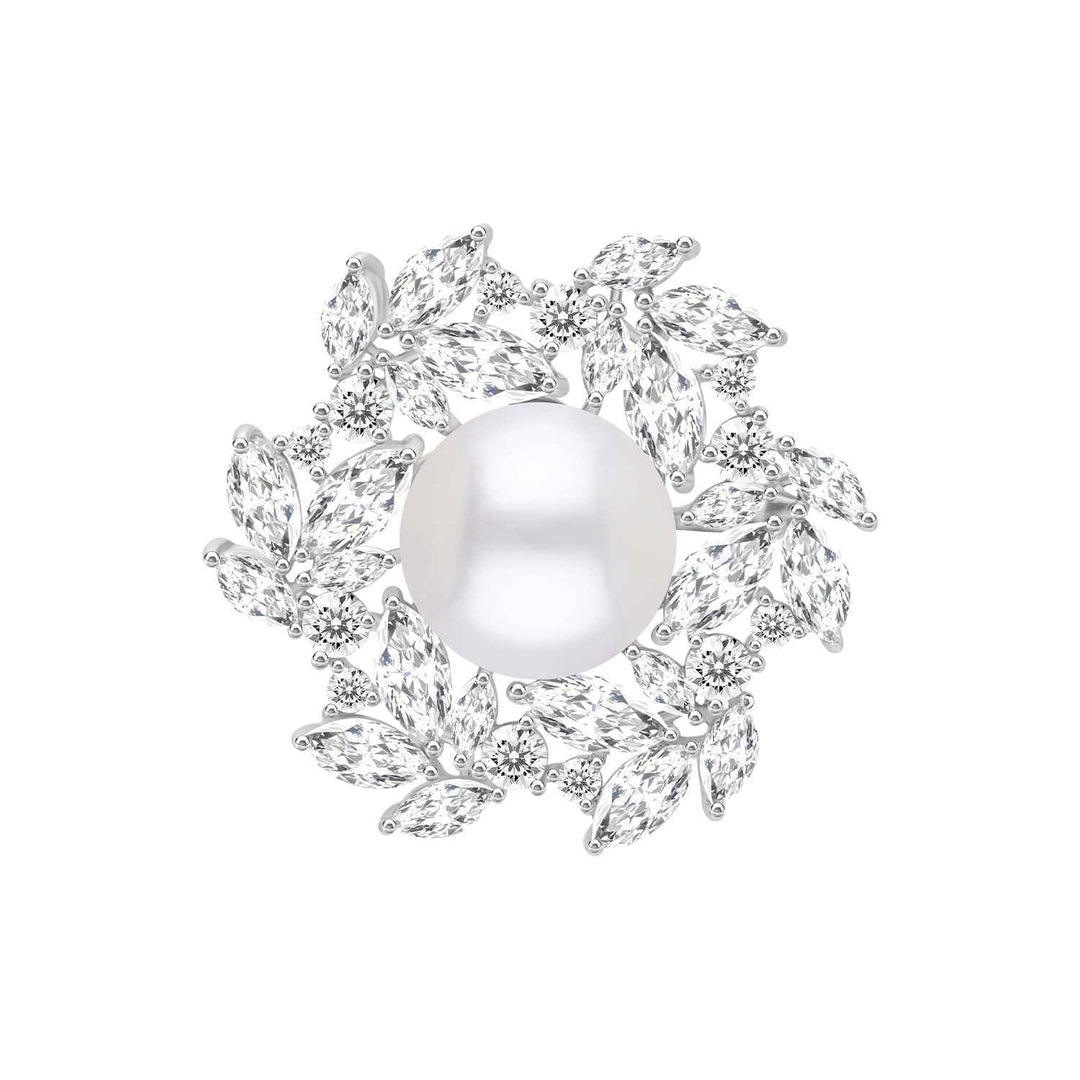 Pearl: Silver Rhodium Marquise & Round CZ Floral Pearl Brooch