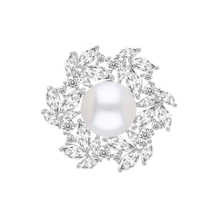 Pearl: Silver Rhodium Marquise & Round CZ Floral Pearl Brooch