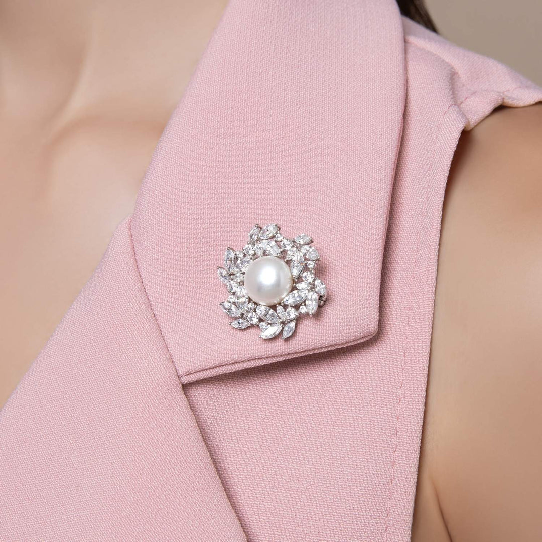 Pearl: Silver Rhodium Marquise & Round CZ Floral Pearl Brooch