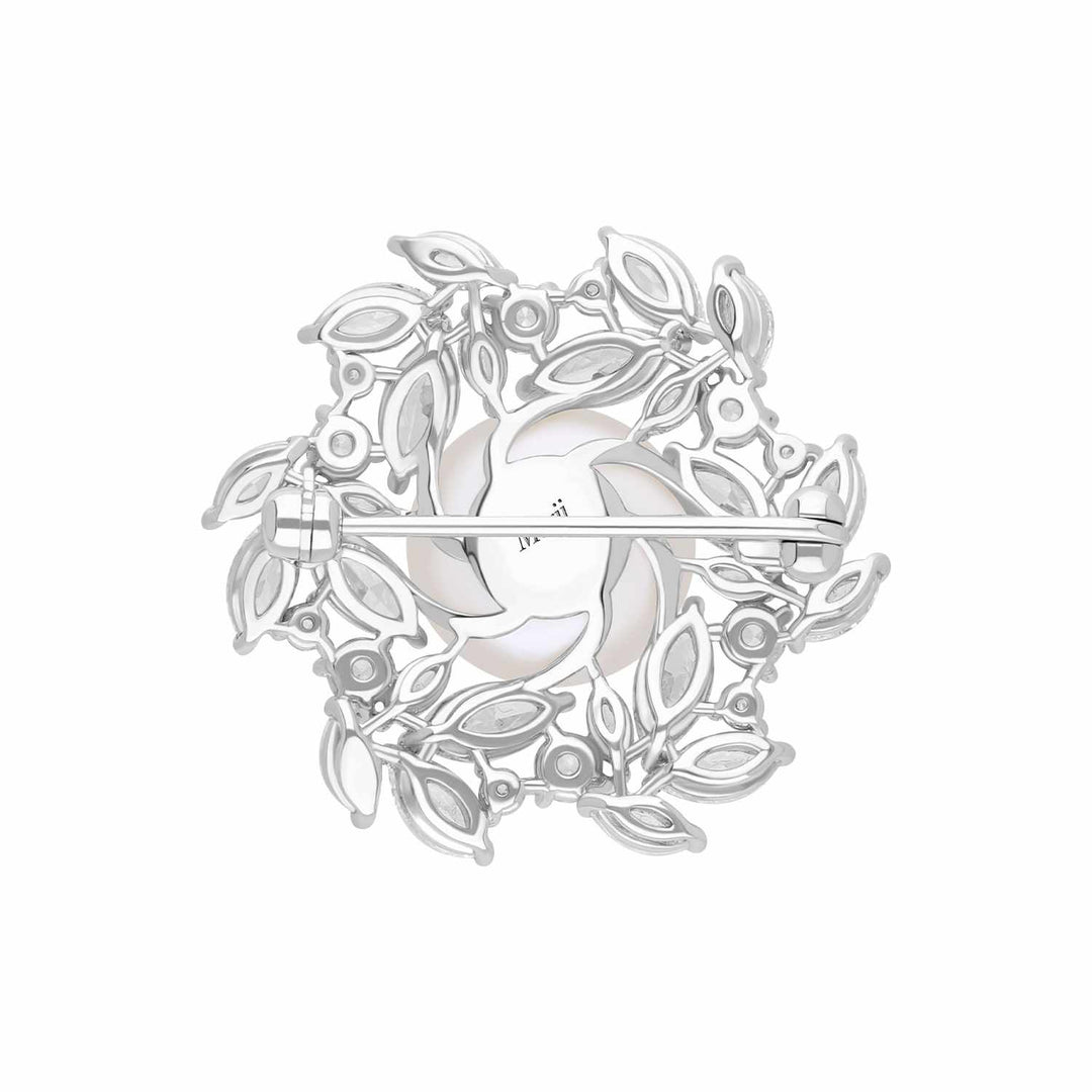 Pearl: Silver Rhodium Marquise & Round CZ Floral Pearl Brooch
