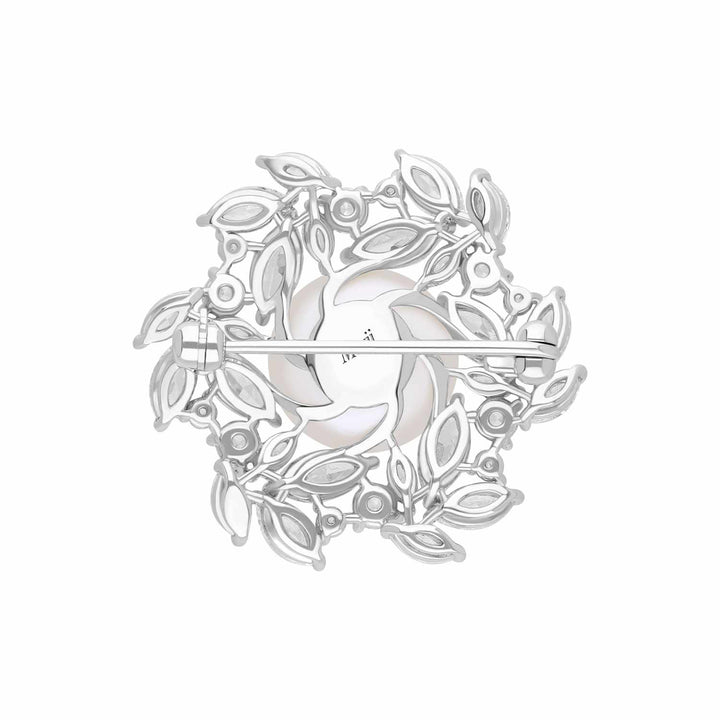 Pearl: Silver Rhodium Marquise & Round CZ Floral Pearl Brooch