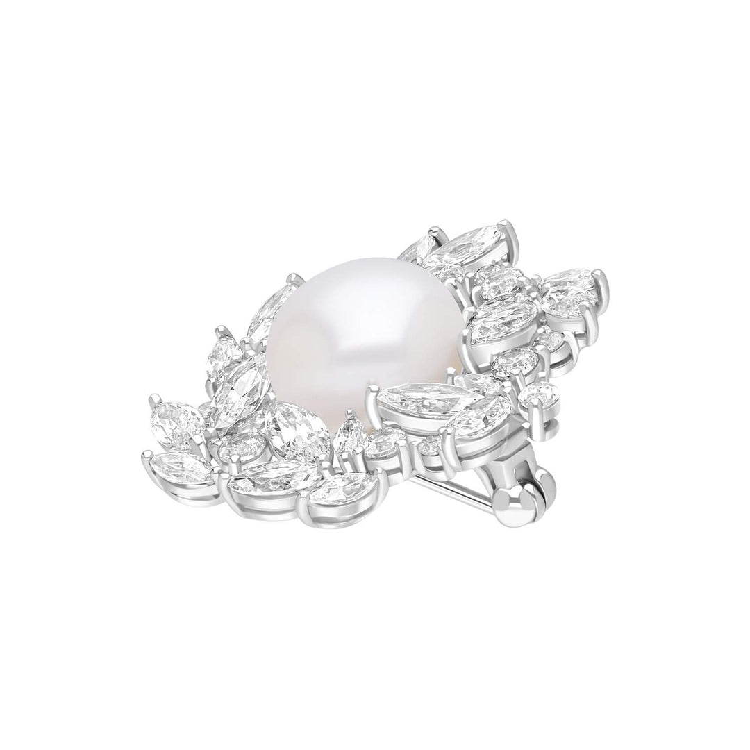 Pearl: Silver Rhodium Marquise & Round CZ Floral Pearl Brooch