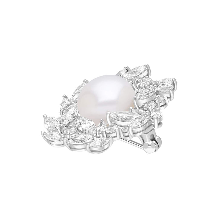 Pearl: Silver Rhodium Marquise & Round CZ Floral Pearl Brooch