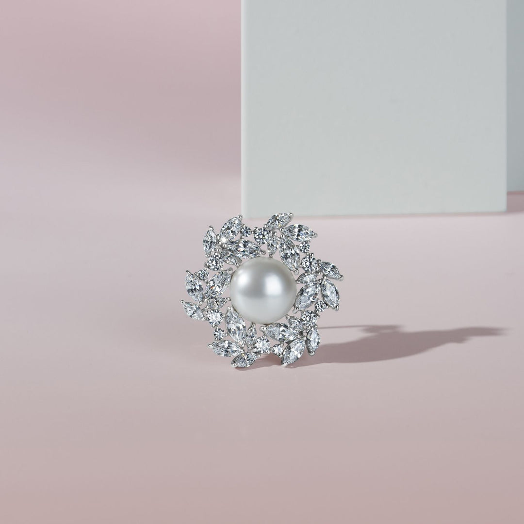 Pearl: Silver Rhodium Marquise & Round CZ Floral Pearl Brooch