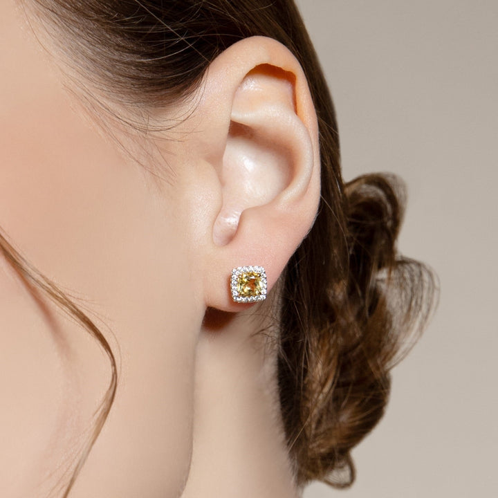 225E0285-01-Decorum-Silver 23K-Gold-Plated-Citrine-Nanocrystal-Radiant-Cut-Halo-Stud-Earrings