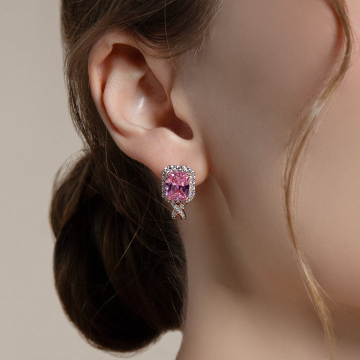 225E0288-01-Decorum-Rose-Gold-Plated-Silver-Radiant-Cut-Pink-Cubic-Zirconia-CZ-Halo-Stud-Earrings