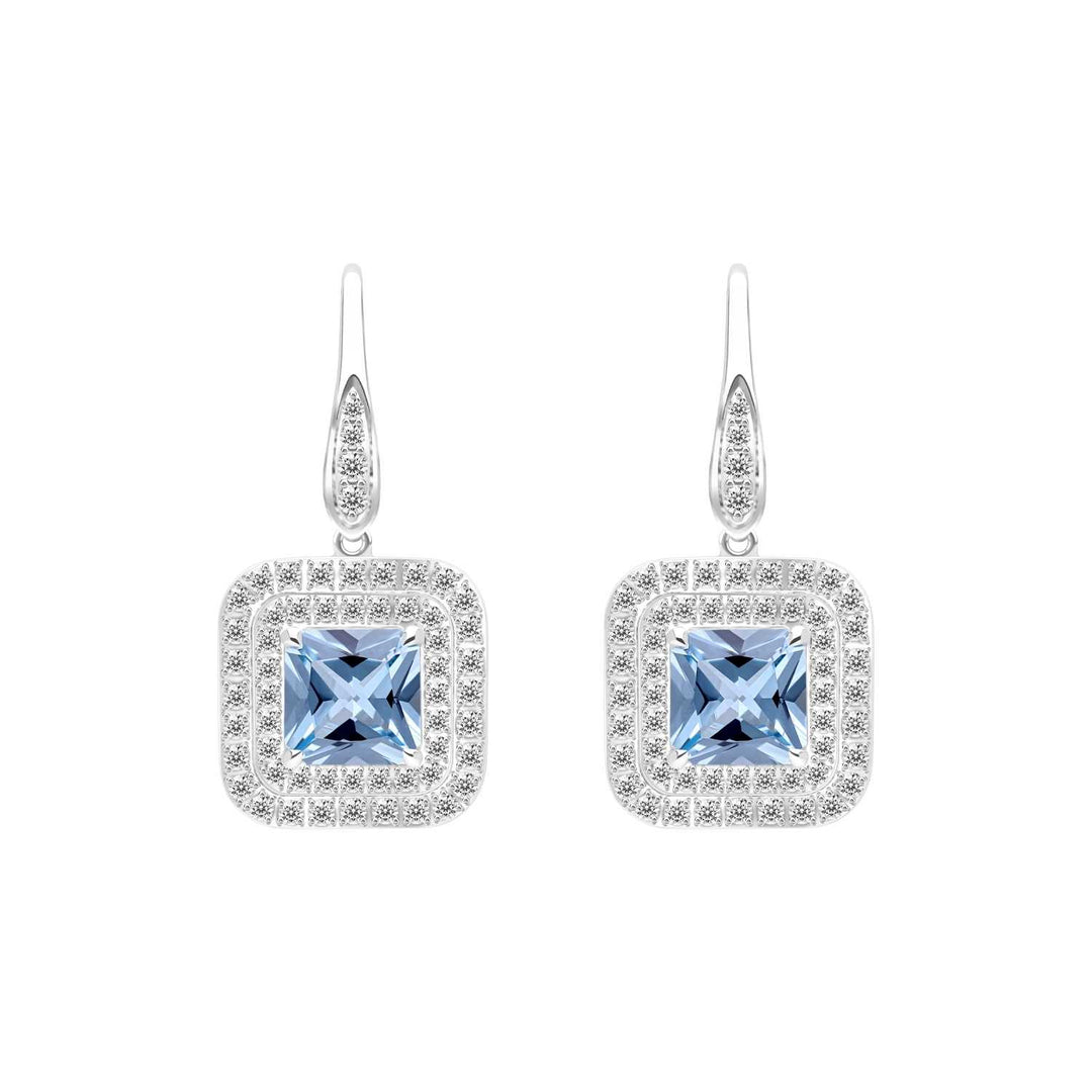 Decorum: ต่างหูเงินประดับ Synthetic Aquamarine Spinel ทรง Radiant Cut ล้อมเพชร CZ