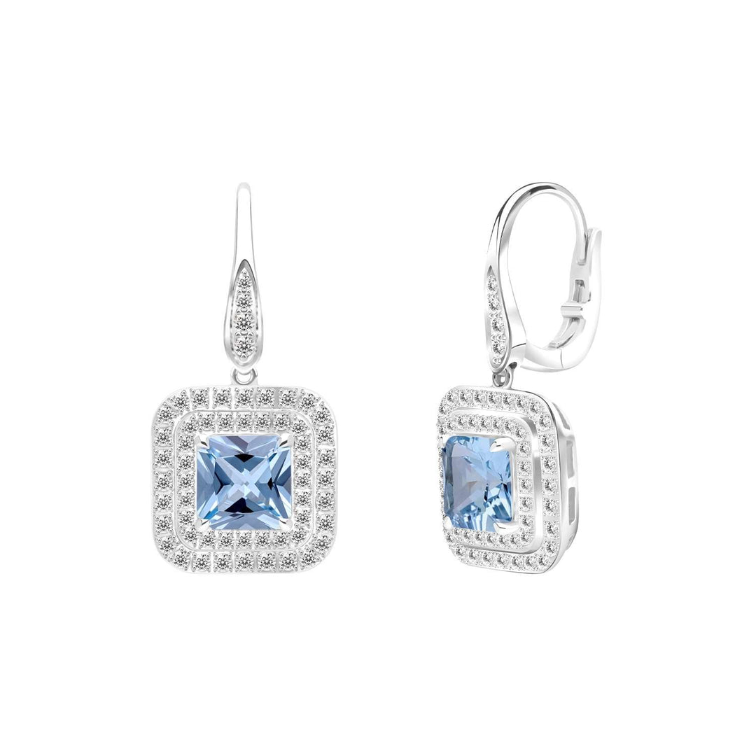 Decorum: ต่างหูเงินประดับ Synthetic Aquamarine Spinel ทรง Radiant Cut ล้อมเพชร CZ