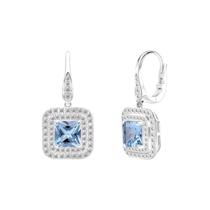 Decorum: ต่างหูเงินประดับ Synthetic Aquamarine Spinel ทรง Radiant Cut ล้อมเพชร CZ