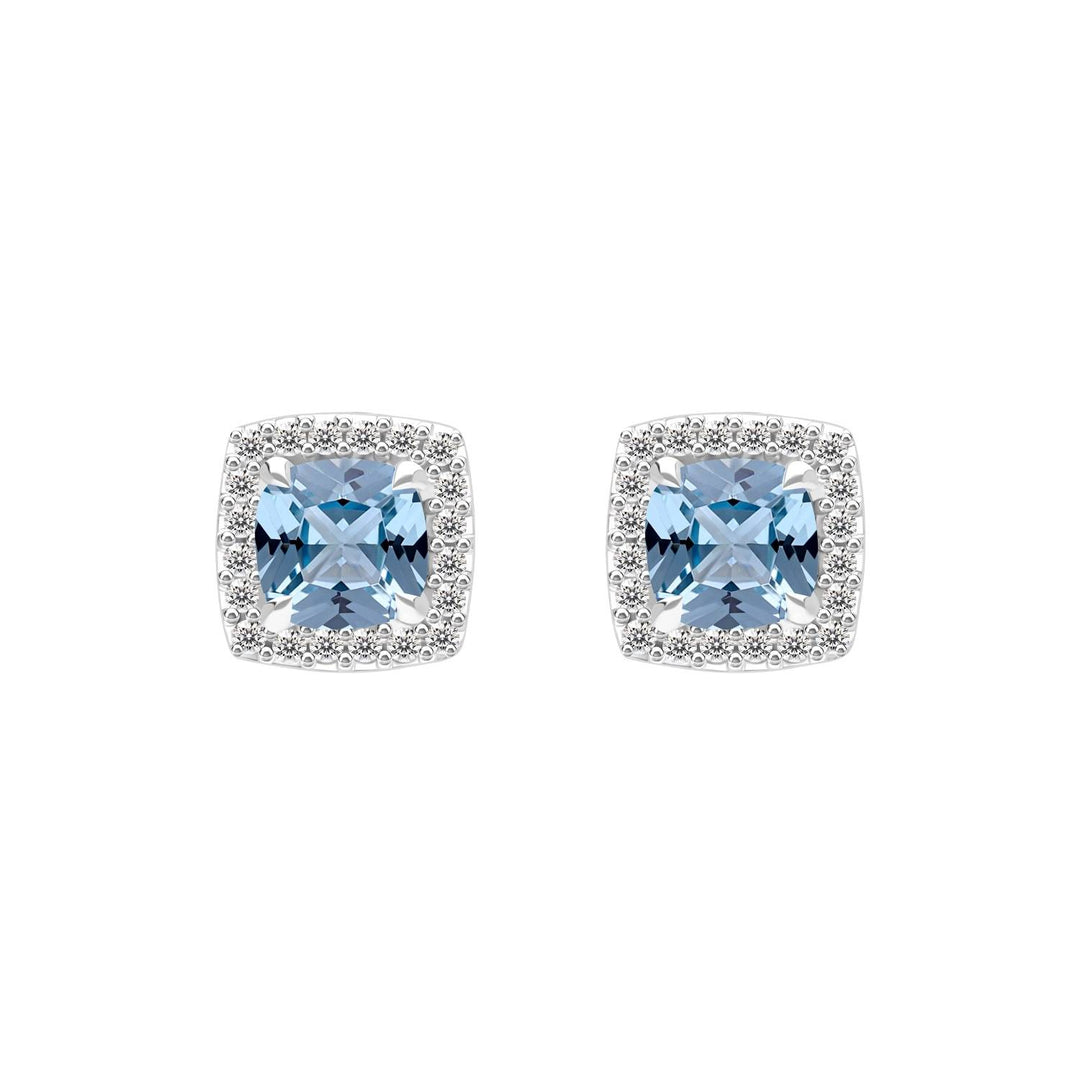 Decorum: Sterling Silver Rhodium Plated Synthetic Aquamarine Spinel Cushion Cut Stud Earrings