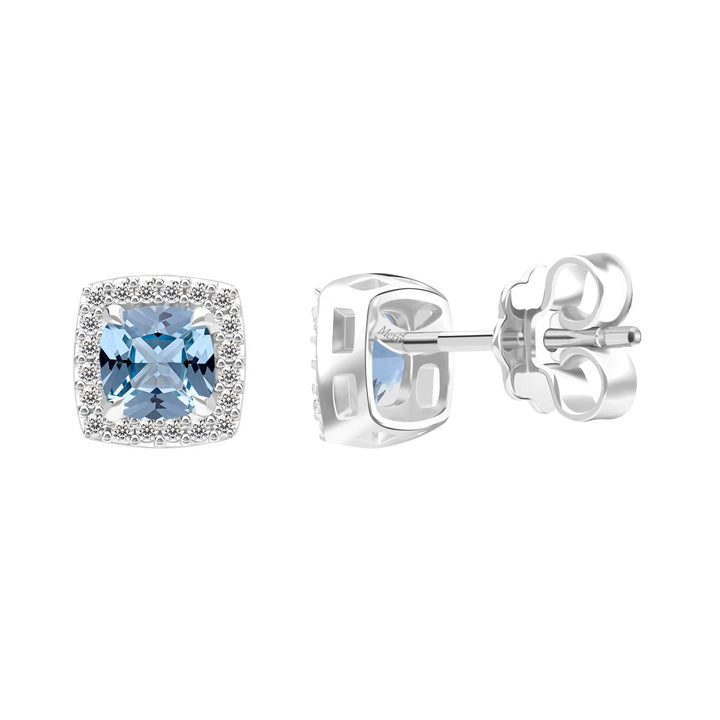Decorum: Sterling Silver Rhodium Plated Synthetic Aquamarine Spinel Cushion Cut Stud Earrings