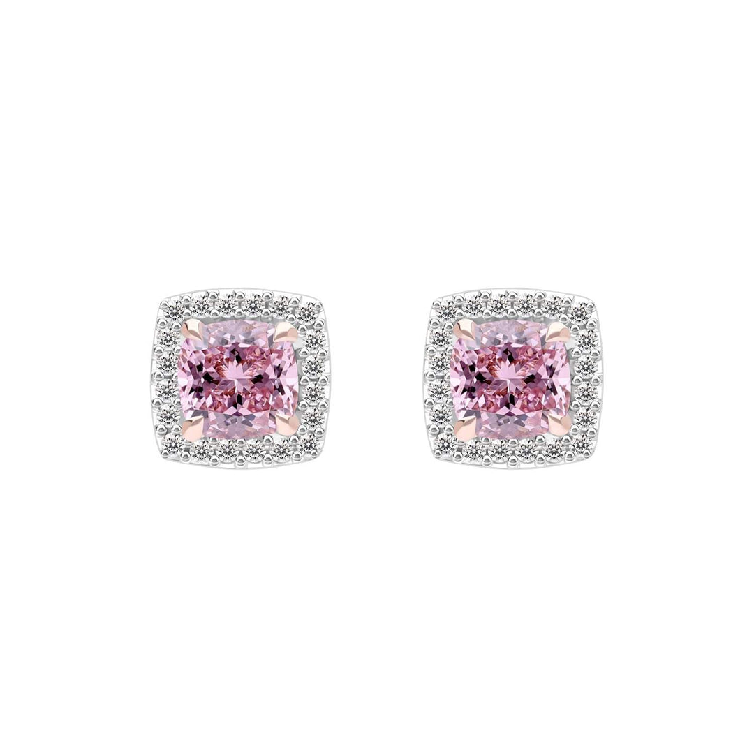 Decorum: Sterling Silver Rose Gold Plated Pink CZ Cushion Cut Stud Earrings