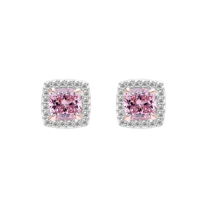 Decorum: Sterling Silver Rose Gold Plated Pink CZ Cushion Cut Stud Earrings