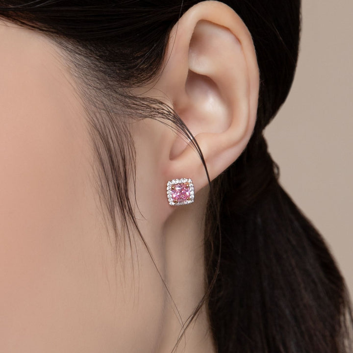 Decorum: Sterling Silver Rose Gold Plated Pink CZ Cushion Cut Stud Earrings