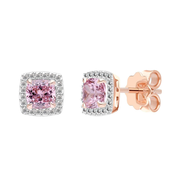 Decorum: Sterling Silver Rose Gold Plated Pink CZ Cushion Cut Stud Earrings