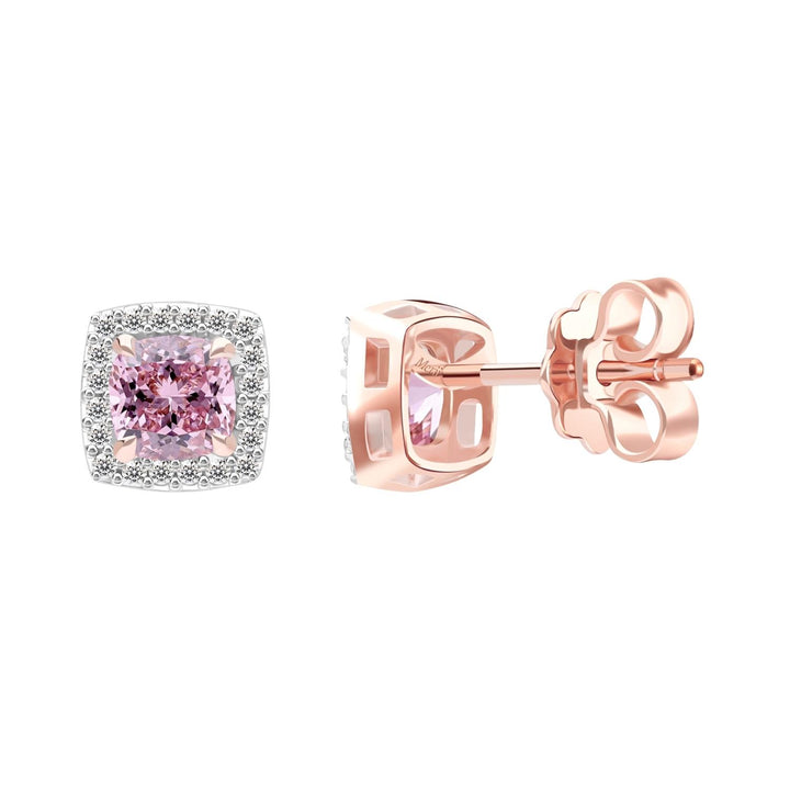 Decorum: Sterling Silver Rose Gold Plated Pink CZ Cushion Cut Stud Earrings