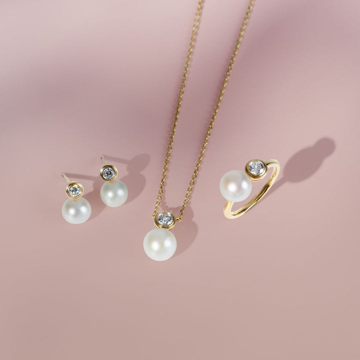 Classic Pearl: 23K Gold Plated Silver CZ Topped Freshwater Pearl Stud Earrings