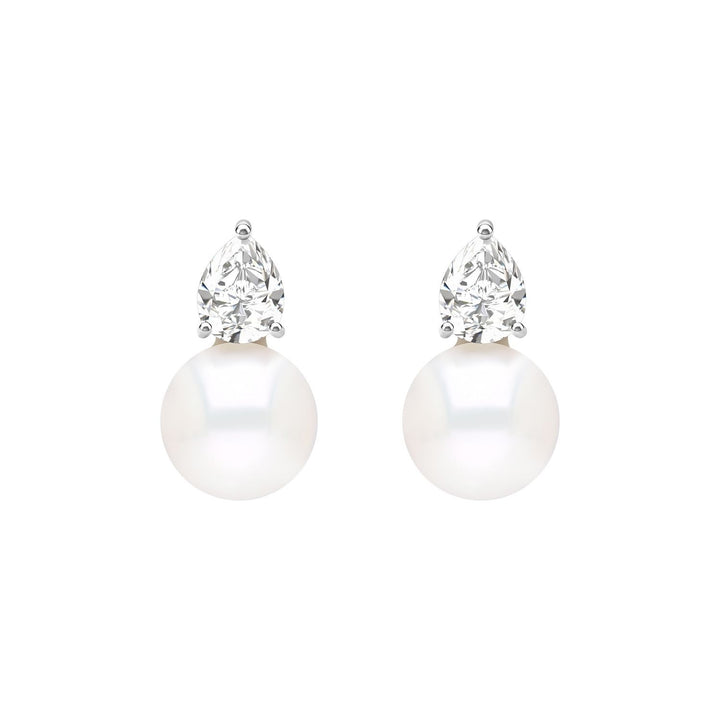 Classic Pearl: Silver Rhodium Pear cut CZ & Freshwater Pearl Stud Earrings
