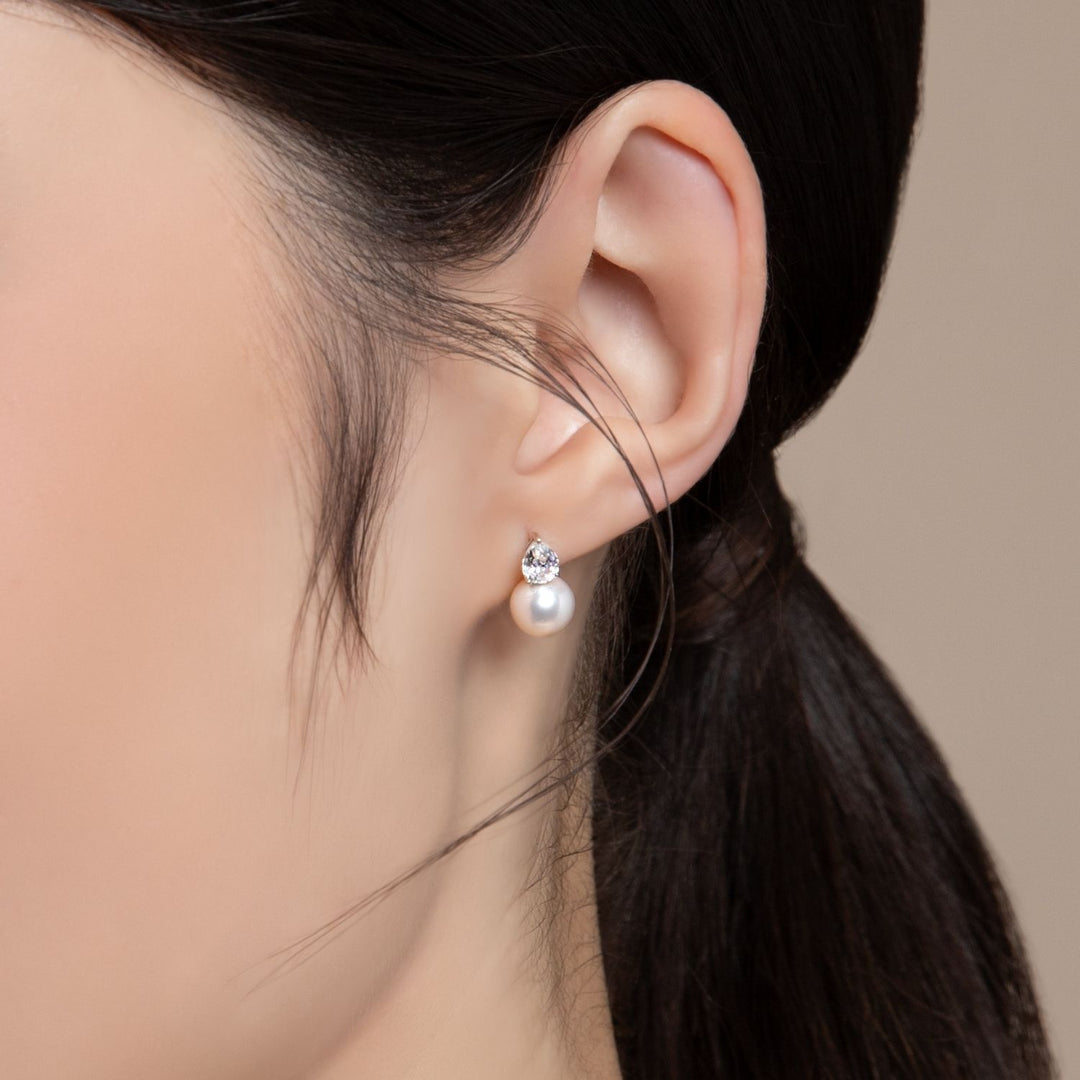 Classic Pearl: Silver Rhodium Pear cut CZ & Freshwater Pearl Stud Earrings