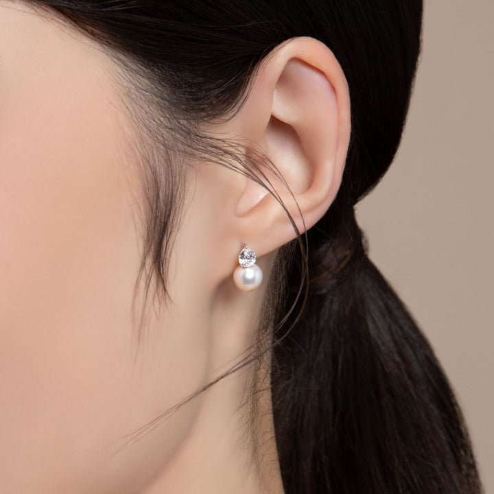 Classic Pearl: Silver Rhodium Pear cut CZ & Freshwater Pearl Stud Earrings