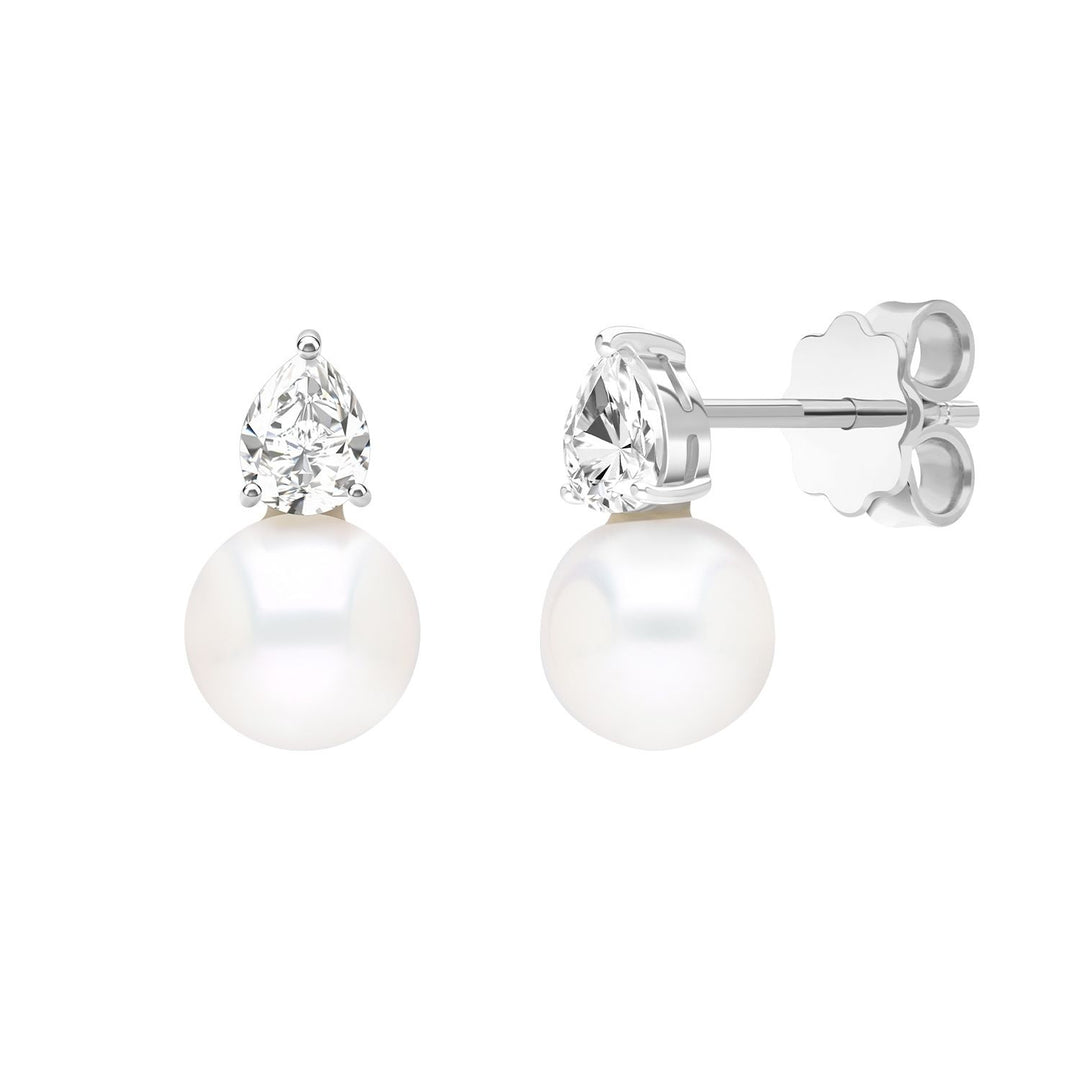 Classic Pearl: Silver Rhodium Pear cut CZ & Freshwater Pearl Stud Earrings