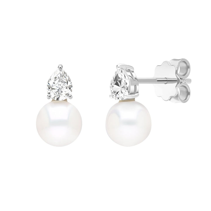 Classic Pearl: Silver Rhodium Pear cut CZ & Freshwater Pearl Stud Earrings