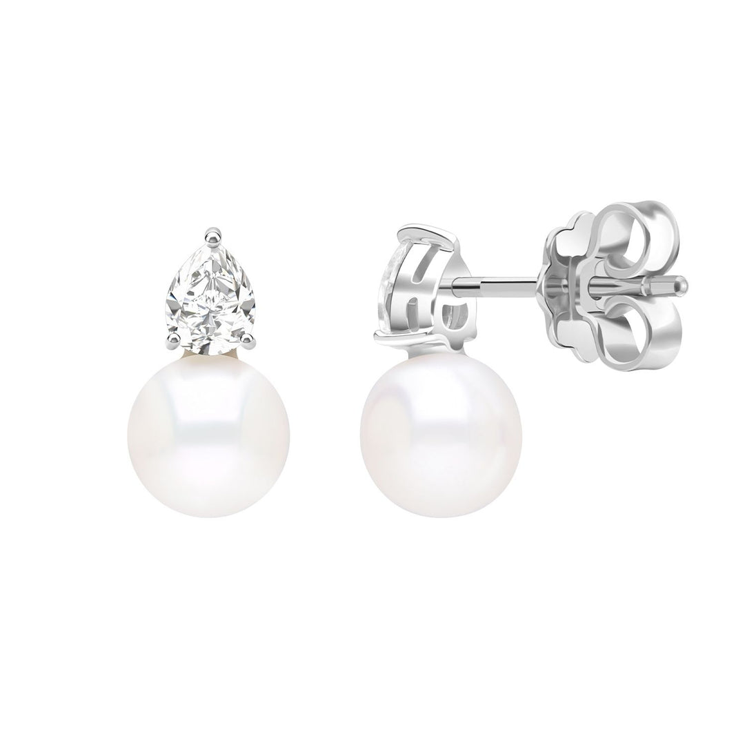 Classic Pearl: Silver Rhodium Pear cut CZ & Freshwater Pearl Stud Earrings