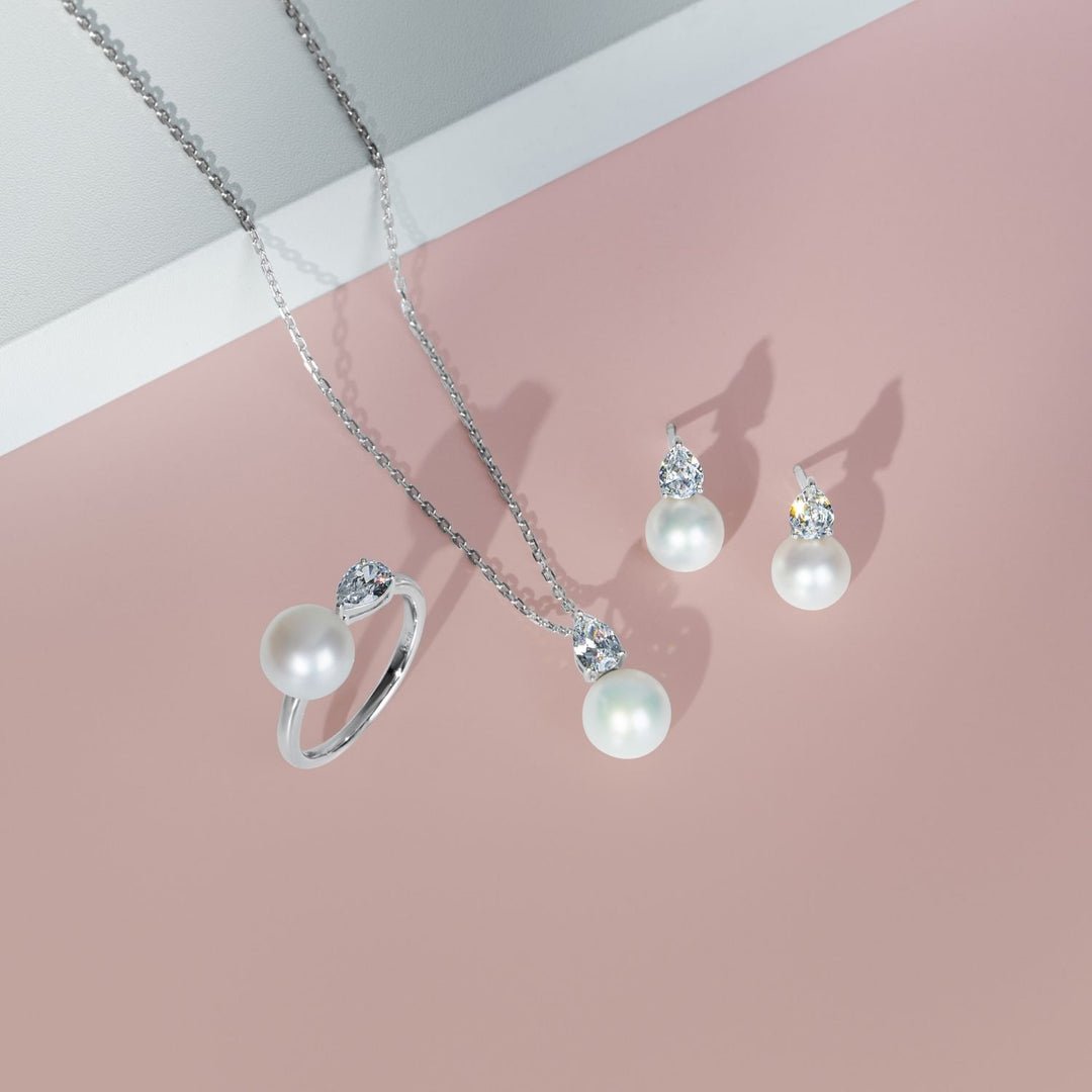 Classic Pearl: Silver Rhodium Pear cut CZ & Freshwater Pearl Stud Earrings