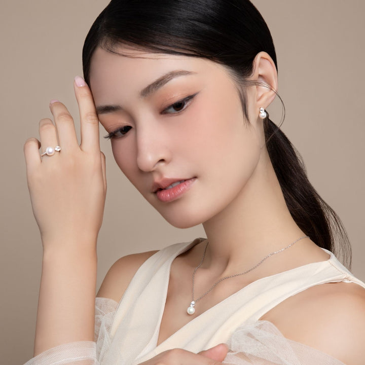 Classic Pearl: Silver Rhodium Pear cut CZ & Freshwater Pearl Stud Earrings