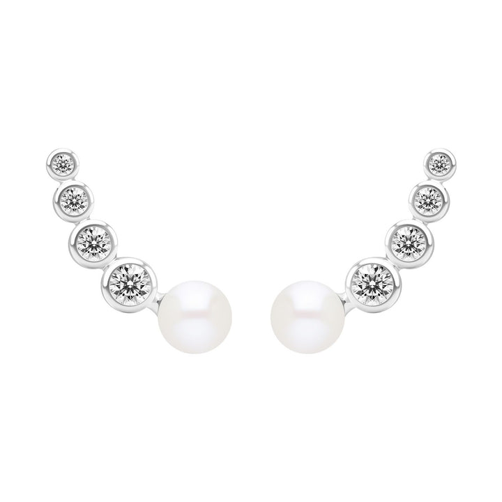 Classic Pearl: Silver Rhodium Graduated CZ & Freshwater Pearl Crawler Earrings