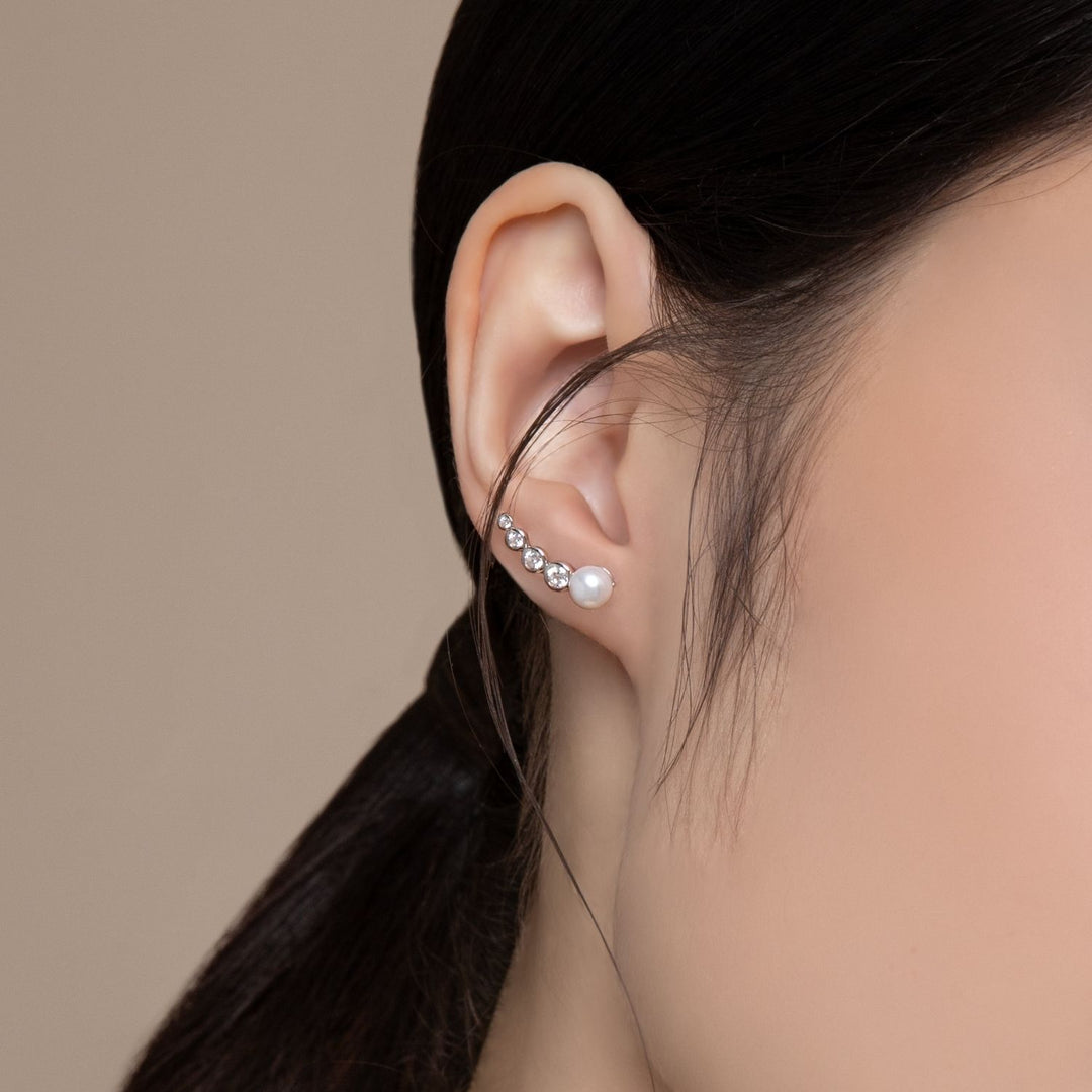Classic Pearl: Silver Rhodium Graduated CZ & Freshwater Pearl Crawler Earrings
