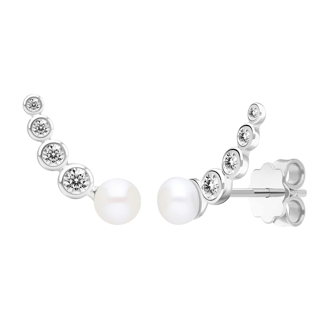 Classic Pearl: Silver Rhodium Graduated CZ & Freshwater Pearl Crawler Earrings