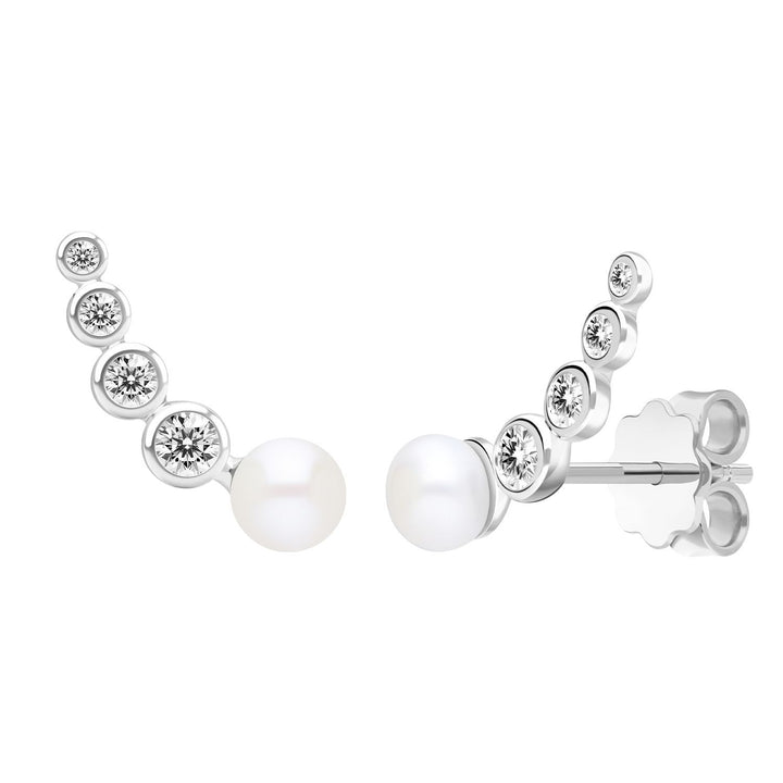 Classic Pearl: Silver Rhodium Graduated CZ & Freshwater Pearl Crawler Earrings
