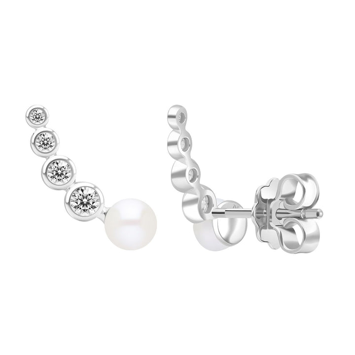 Classic Pearl: Silver Rhodium Graduated CZ & Freshwater Pearl Crawler Earrings